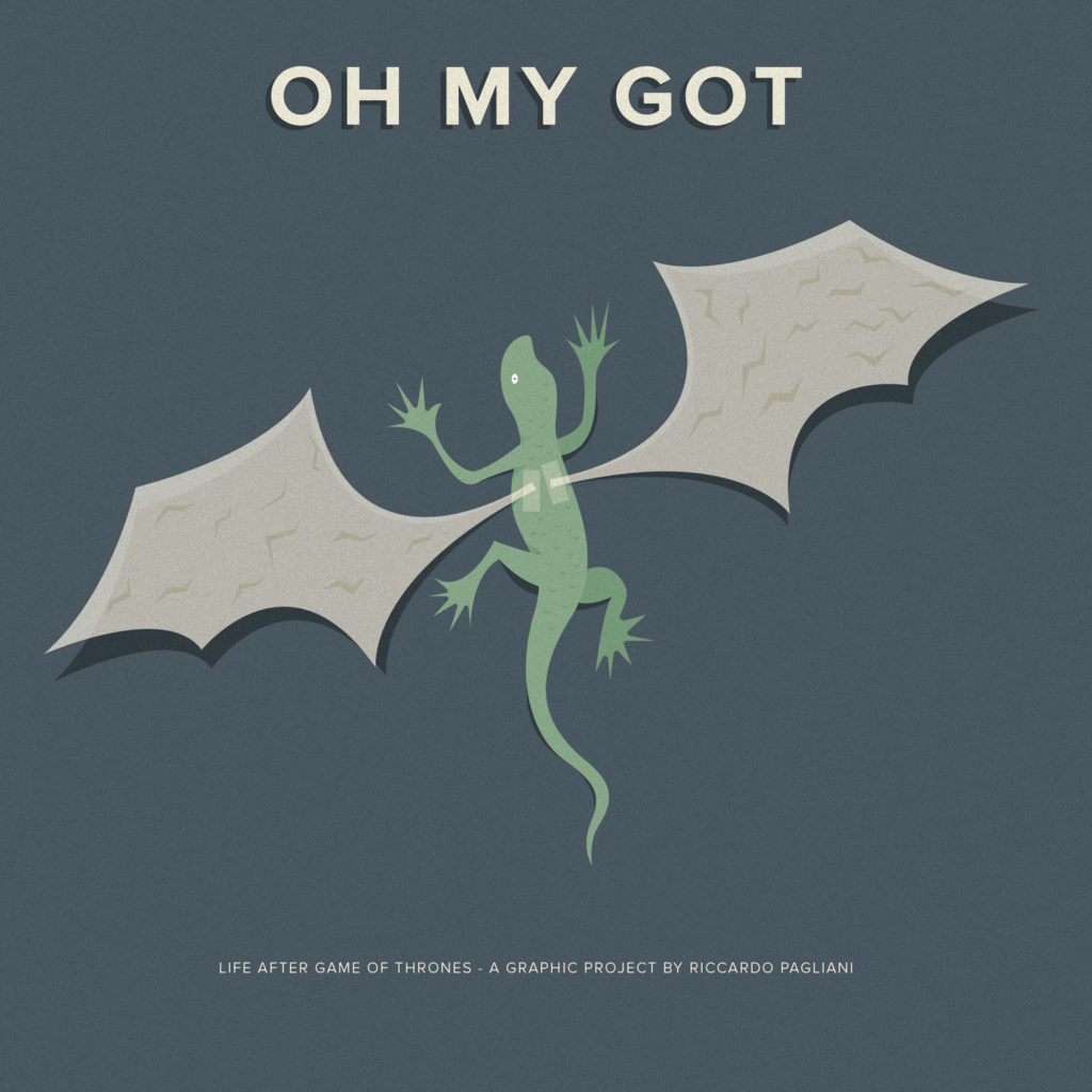 Oh my GOT, life after Game of Thrones: la copertina. Una lucertola a cui hanno attaccato splendide ali di carta da drago.