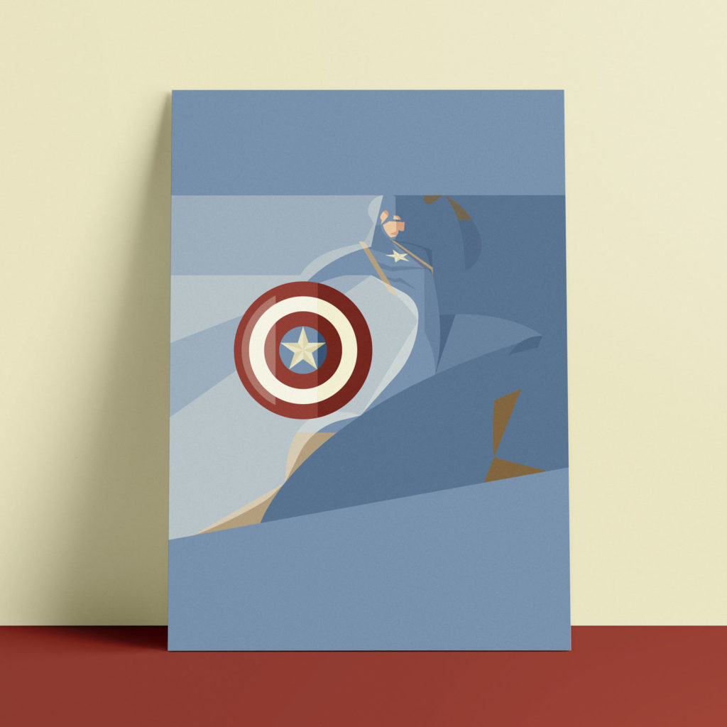 Captain America, the poster. L'eroe azzurro su sfondo azzurro, in primo piano il suo scudo a ricordare la bandiera americana