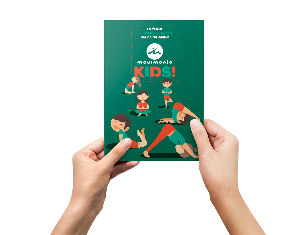 Yoga for kids' flier, with many smiling children practicing yoga on a green lawn. 