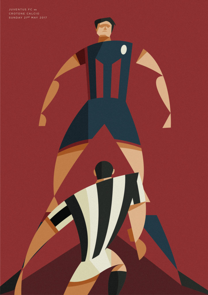 Juventus vs Crotone, the last chance for Crotone to remain in Serie A after an inexpert race for the fourth-last place. In the poster a red and blue player stands out on a intense red background that melts with his jersey. In front of him, facing backwards, a black and white player .