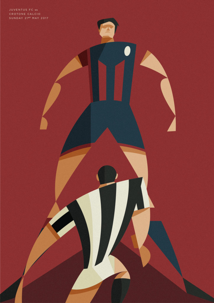 Juventus vs Crotone, una partita che segnò l'ultima chance di permanenza in A per la squadra rosso-blu, reduce prima di quella gara da una cavalcata insperata verso il quart'ultimo posto in classifica. Nel poster un giocatore rosso blu troneggia fiero riempendo tutto lo spazio con alle spalle uno sfondo rosso intenso a fondersi con la sua maglietta, mentre di fronte a sé, voltato di spalle, sopraggiunge un giocatore bianconero.