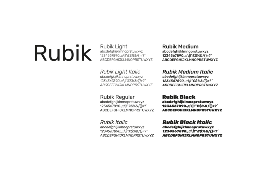 Rubik, the chosen font. A very versatile and refined Google Font, perfect for activities linked to the design world.