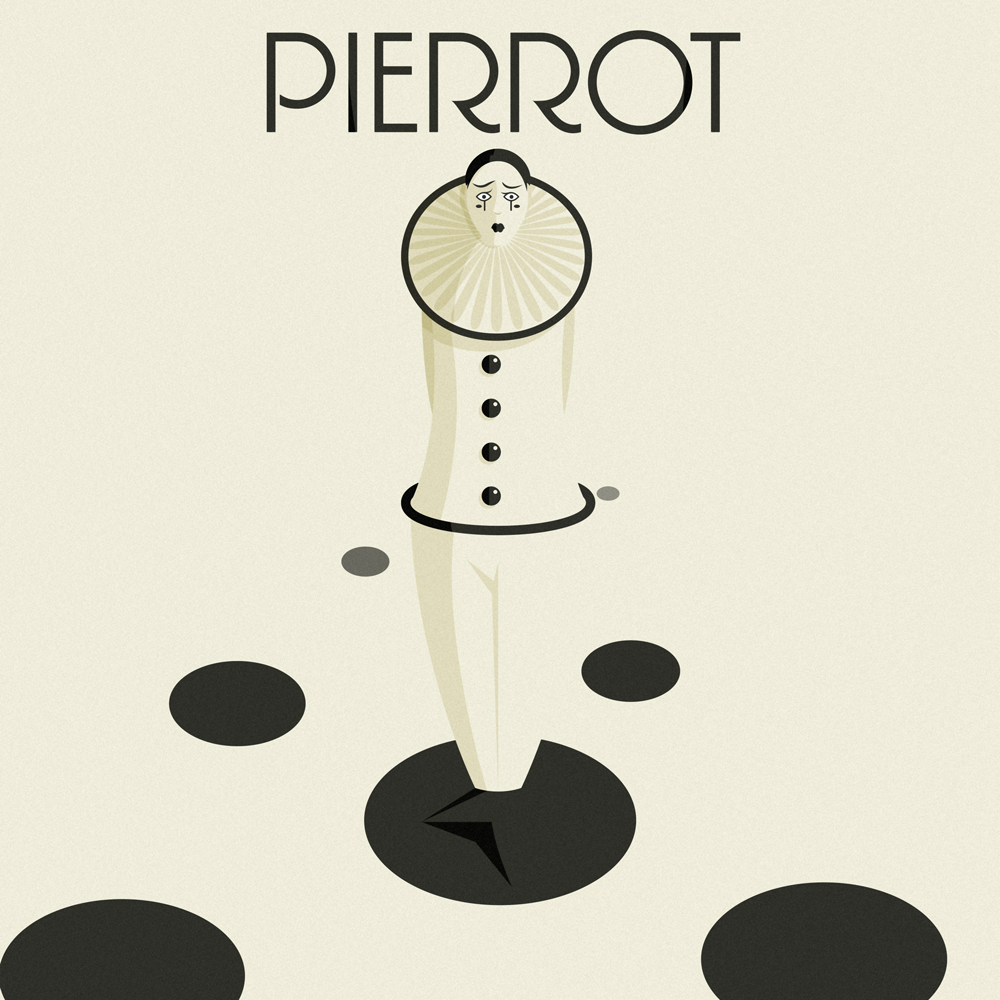 the Pierrot mask. Worried, sad, Black and white, with two black thin lines caused by crying. 