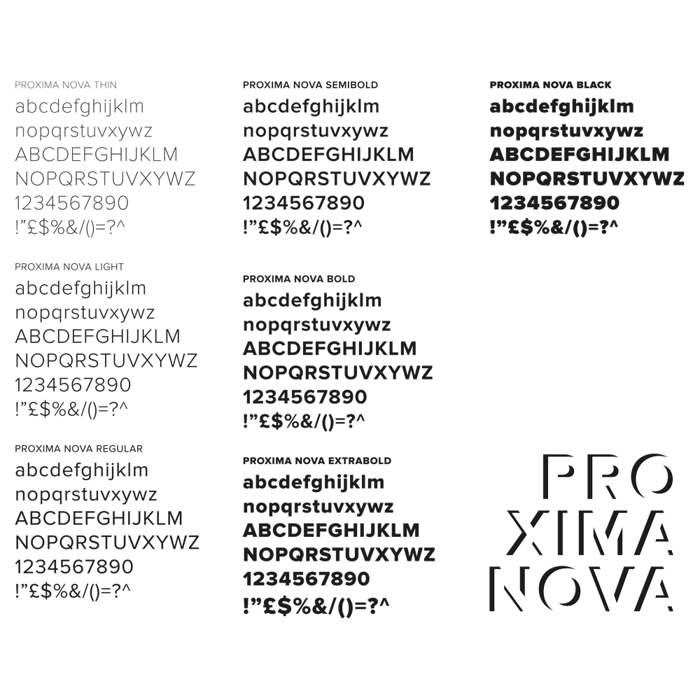 Proxima nova è il font utilizzato per la headline del logo. Qui espongo l'intera famiglia del font, pensato come font di riferimento per la comunicazione coordinata del marchio.