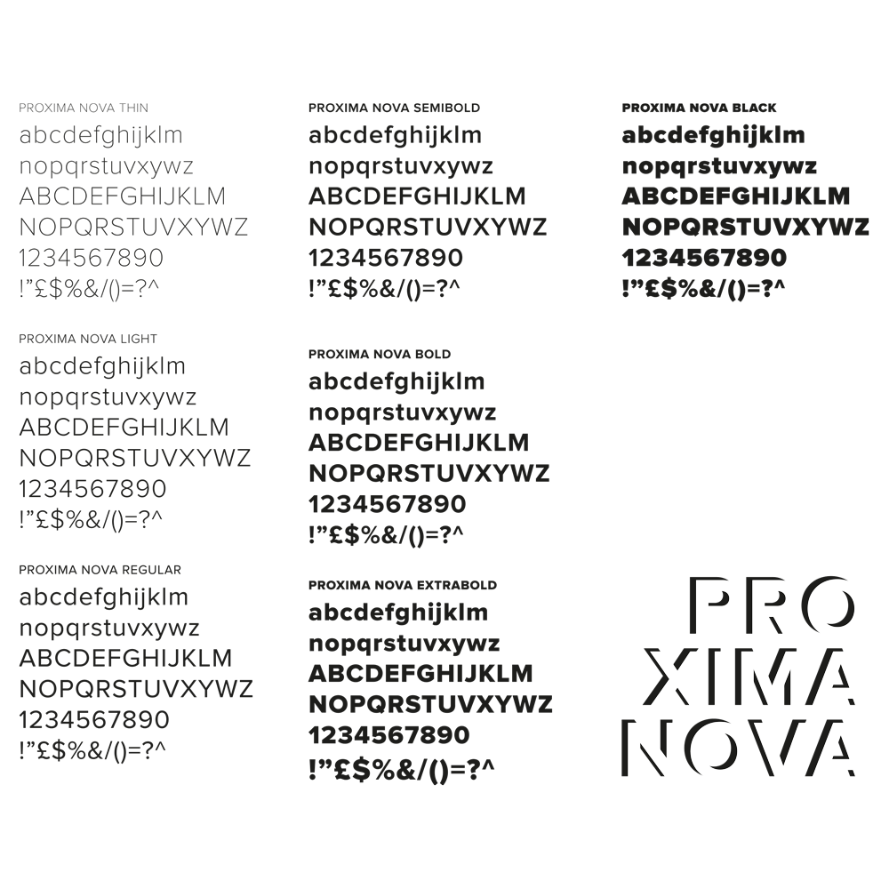 Proxima nova is the font used for the headline of the logo. Here I display the entire font family, designed as reference font for the coordinated communication of the brand.