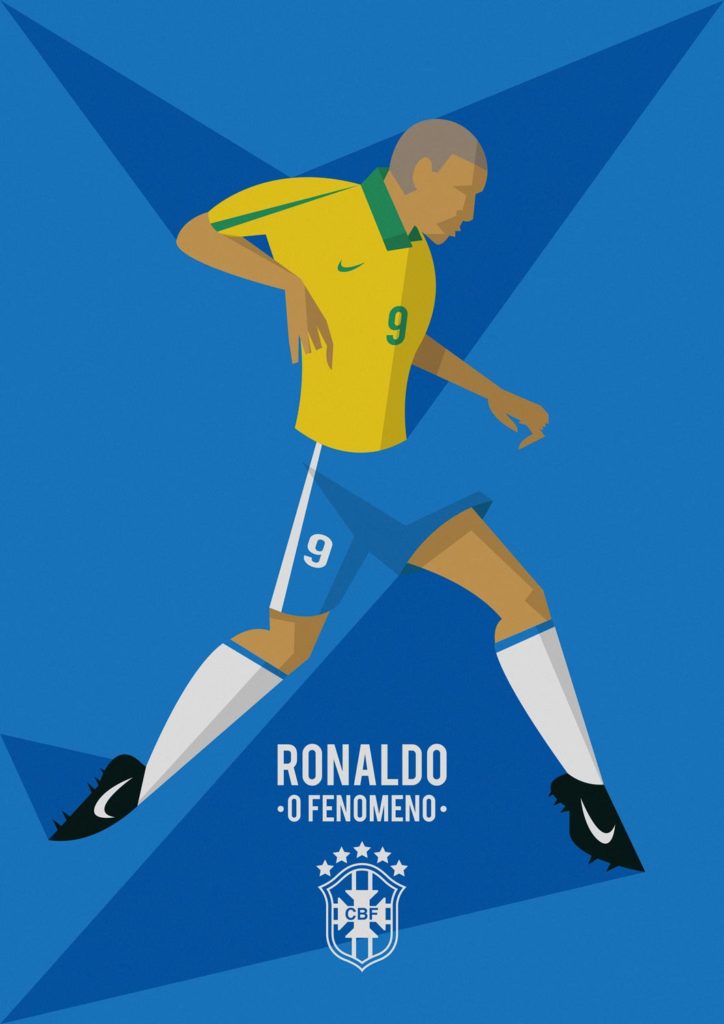 Ronaldo "O' Fenomeno", maybe the greatest football genius of all time. He has always been cursed by his cristal legs, but he has never lost his brilliance. Here he's portrayed running on his toes, wearing his Brazil jersey on a light blue background that matches the color of his shorts. 