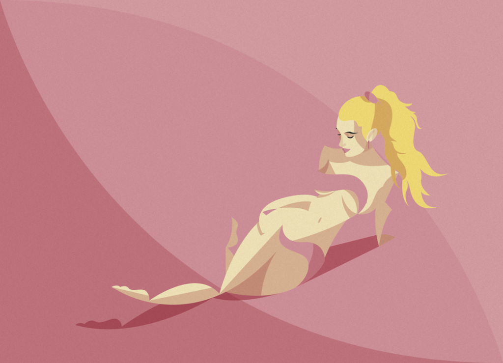 Una ragazza dalle forme morbide, accarezzata sul corpo nudo da lembi di tessuto rosa. 