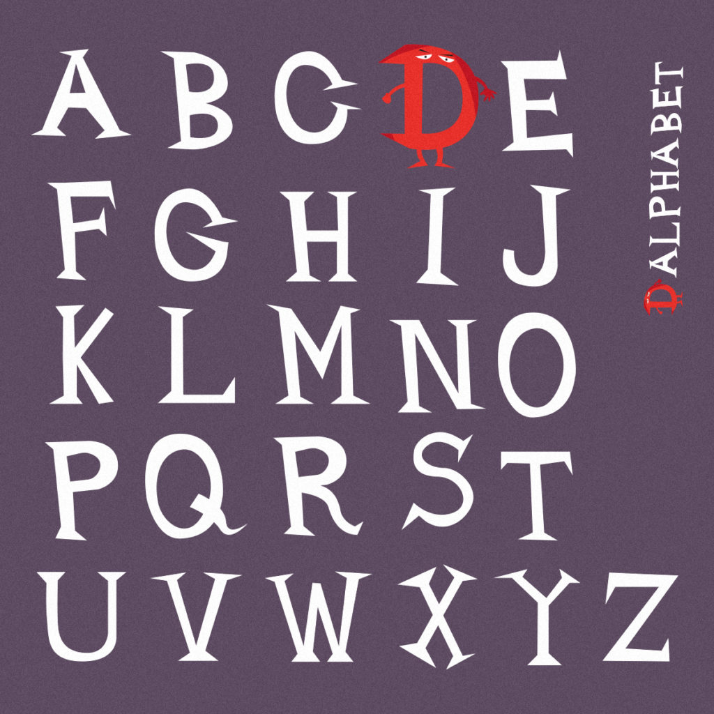 Il D-Alphabet, realizzato appositamente per questo video divulgativo. Questo font è molto scherzoso e irriverente, tutte le lettere sono maiuscole e irregolari.