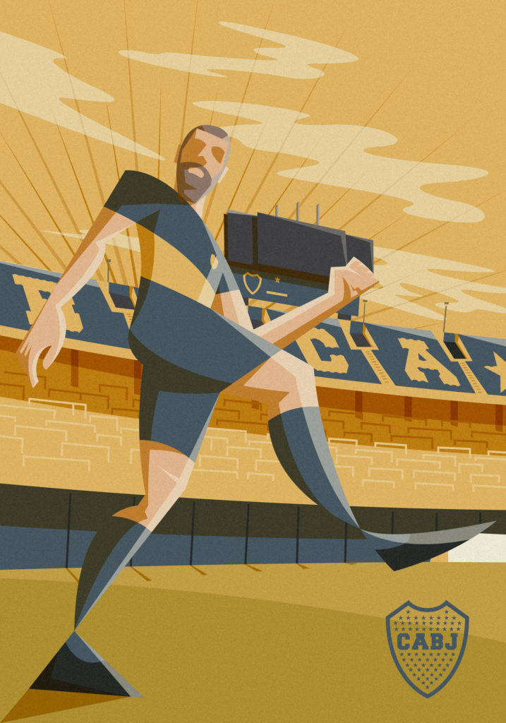 Daniele De Rossi joins Boca Juniors. A decision made with his heart. In the composition "Tano" stands out, depicted from the low angle with the yellow and blue stadium on the background. Everything is depicted in the warm evening light. 