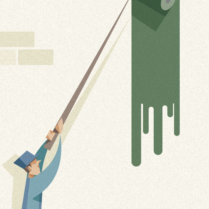 Detail of one of the illustrations, the blue dressed worker is painting a white wall in green with a roll.