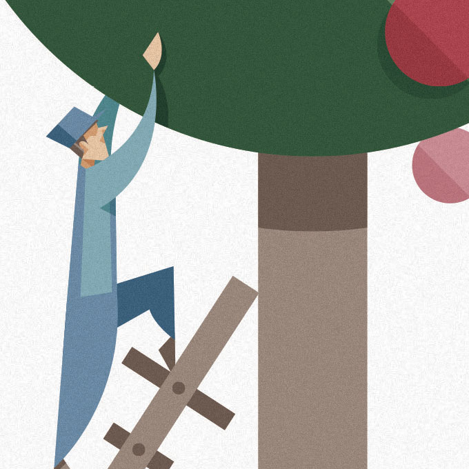 Detail of one of the illustrations, the blue dressed worker is climbing on a tree to pick the colorful fruits