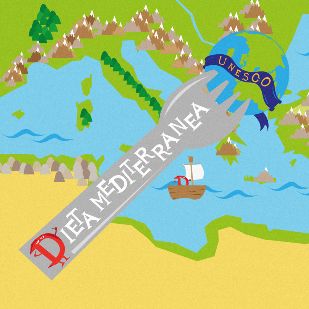 Un dettaglio del video, una forchetta con su scritto “dieta mediterranea” infilza un mappamondo avvolto dalla bandiera dell’UNESCO.