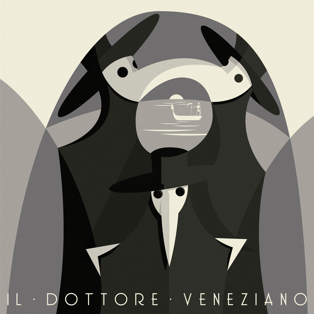 the plague doctor. Three figures in dark clothes wearing the typical mask with a curved beak and a wide-brimmed hat. They form a composition of interlinked geometric shapes. In the background there are a gondola and the moon dipping in the lagoon. 