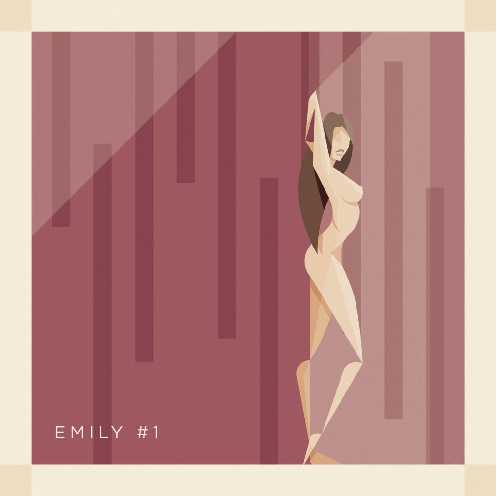 Un ritratto di Emily Ratajkowski nel suo profilo laterale, nuda e sensualissima, uno sfondo vinaccia alle spalle solcato da motivi geometrici