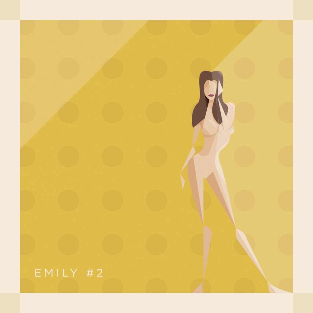 Un ritratto di Emily Ratajkowski nel suo profilo frontale, nuda e sensualissima, uno sfondo giallo canarino alle spalle solcato da motivi geometrici
