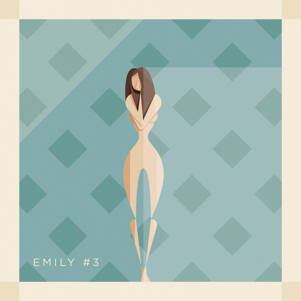 A portrait of  Emily Ratajkowski from the front, naked and very sensual, a vintage teal background with geometric motifs.