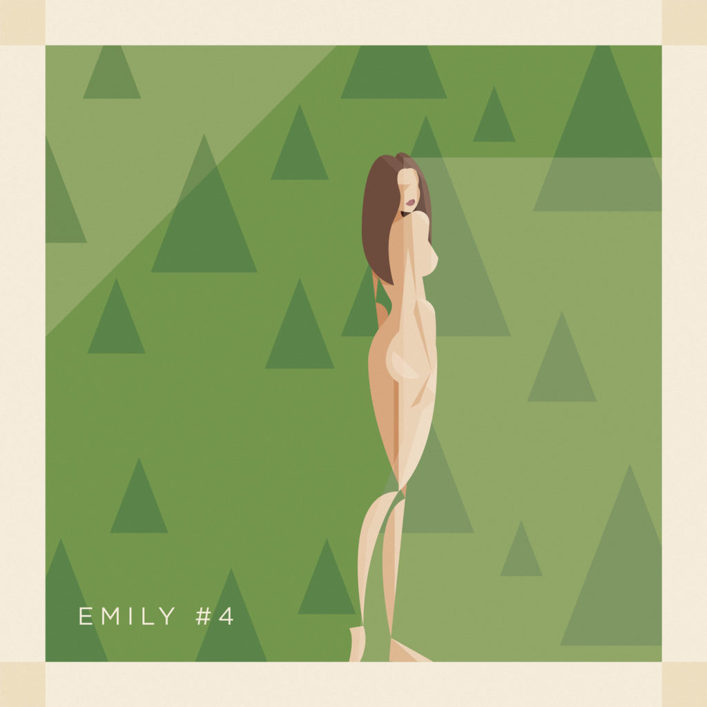 Un ritratto di Emily Ratajkowski ritratta da dietro su uno sfondo verde pino solcato da profili triangolari, nuda e sensualissima, uno sfondo vinaccia alle spalle solcato da motivi geometrici