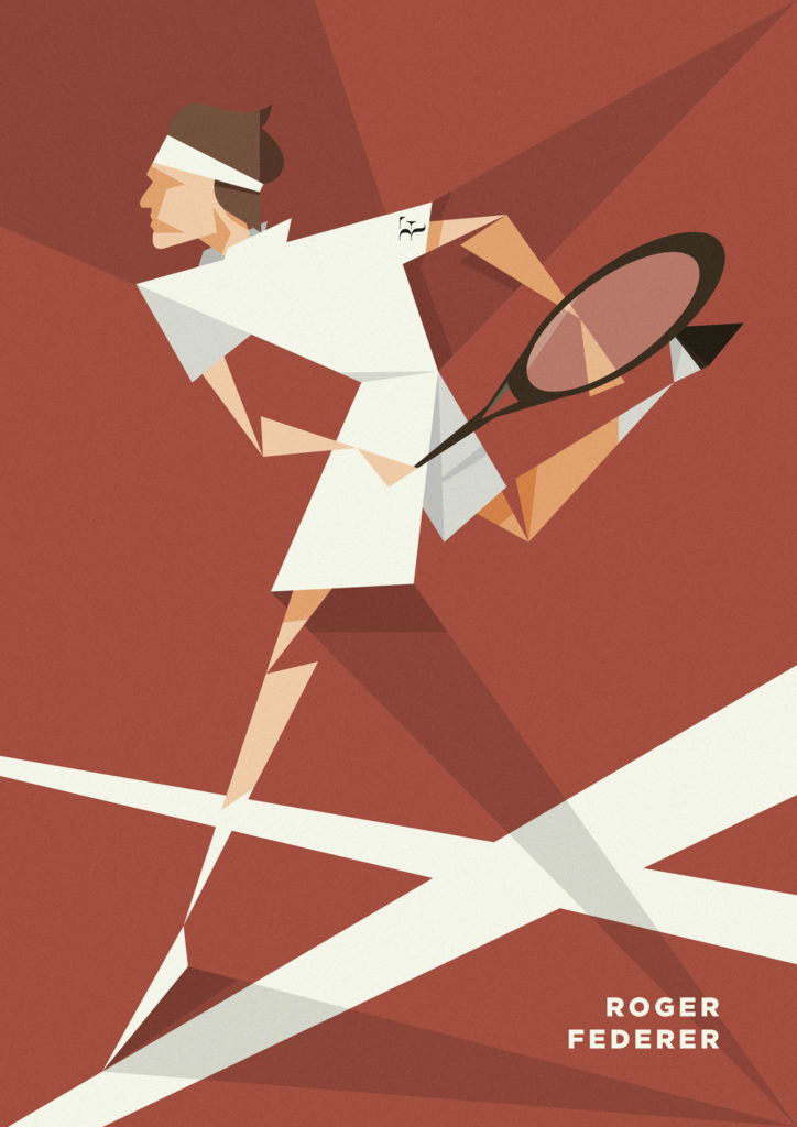 Federer dressed in white on a red background hits a smash, everything is characterized by geometric and very pointy lines. 