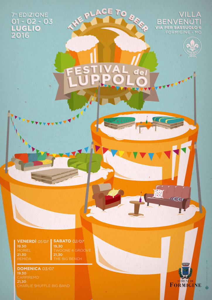 Locandina A3 di Festival del Luppolo, sfondo verde acqua pastellato, bandierine e boccali su cui poggiano sgangherati divanetti e poltroncine