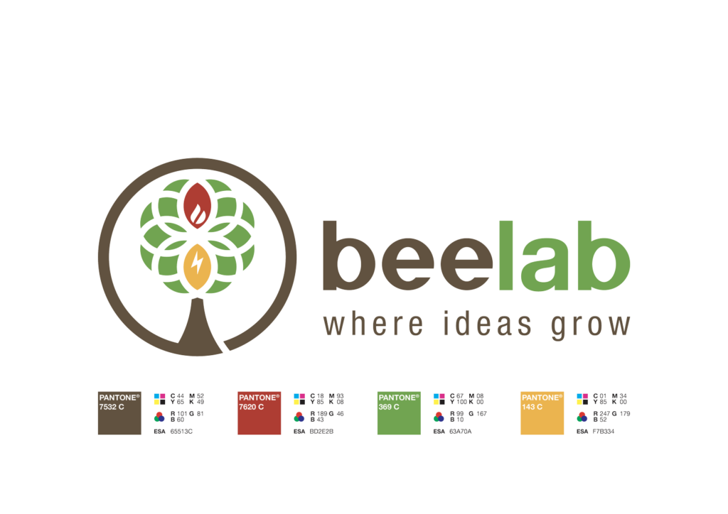 The “BeeLab” logotype is added. It was constructed from the same shapes as the tree and it's made to follow the Helvetica Neue, one of the key typographic features found in the UNIMORE trademark use guide.
The color guide of the brand. The pantone chosen to define this logo are four. Green for the general leaves, red for the flame-leaf, yellow for the lightning-leaves and brown for the log and the external circumference of the tree. Green and brown are also the colors of the brand's logotype. Then the headline “where ideas grow” is added.