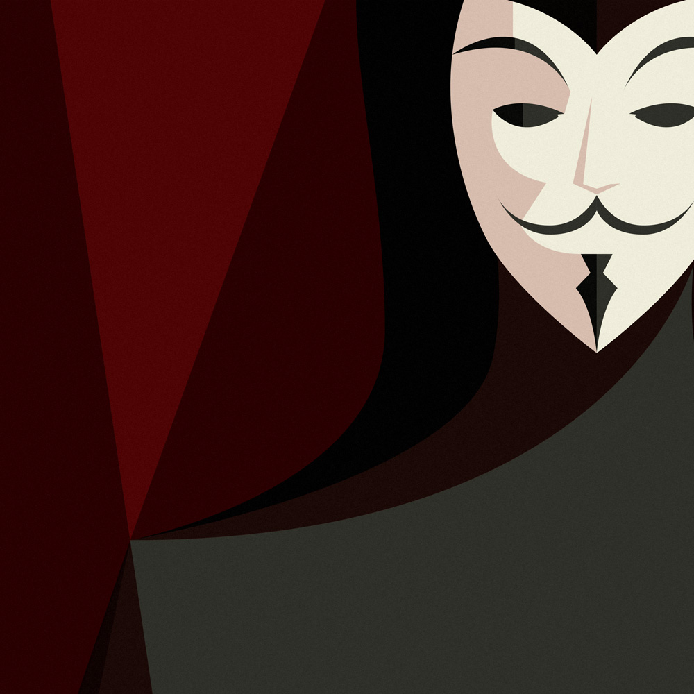 Dettaglo di Guy Faukes sul suo viso, reso ormai noto dal film "V per Vendetta". I tipici baffi alla Dalì. gli occhi incavati completamente neri, l'espressione machiavellicamente sorniona.