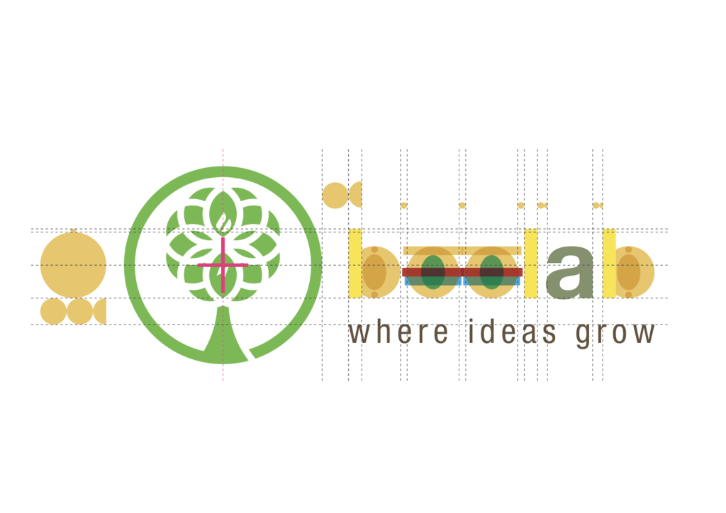 The “BeeLab” logotype is added. It was constructed from the same shapes as the tree and it's made to follow the Helvetica Neue, one of the key typographic features found in the UNIMORE trademark use guide.