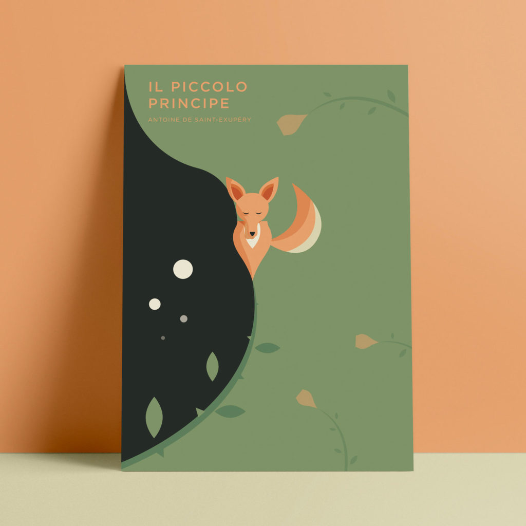 The little prince, Exupery. A fox turns into a rosebud in a green field, a black sky is looming on the horizon and guides our glance towards many small planets.