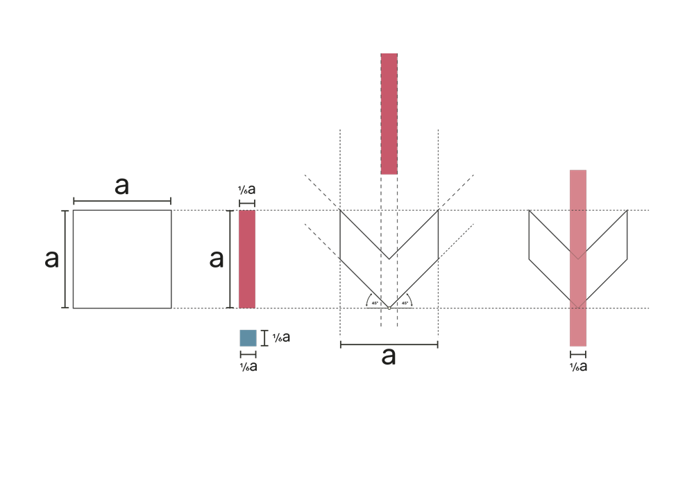 Design phase 1. Everything starts from a square shape figure which is divided in two parallelepipeds set in the area of the initial shape..