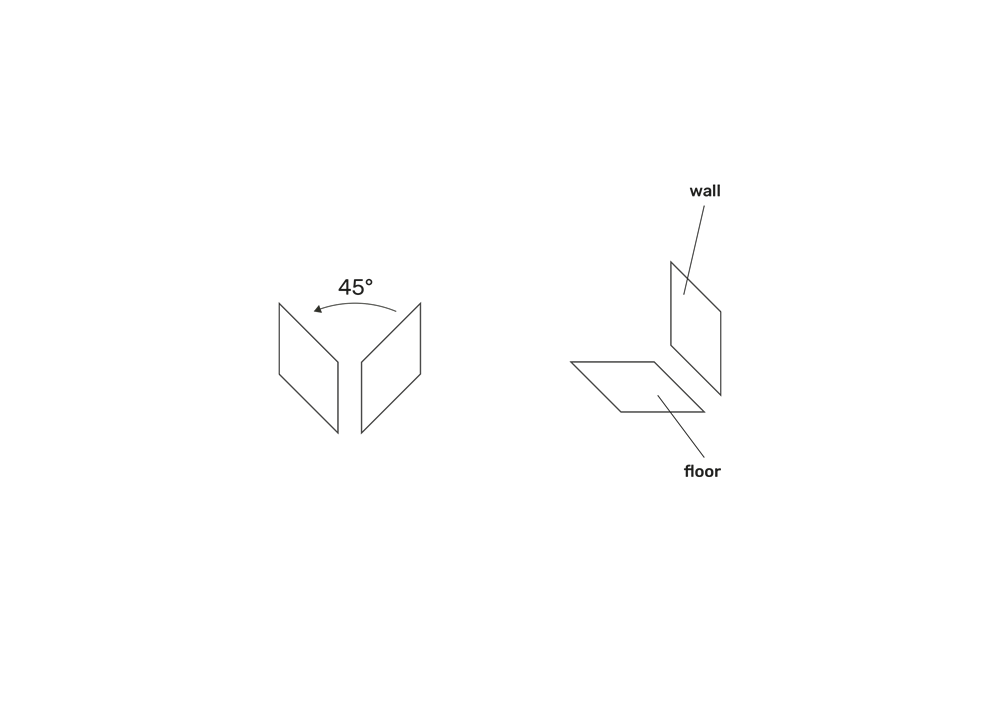 fase progettuale 2. I due parallelepipedi così costruiti vengono poi ruotati di 45° verso sinistra per andare a riprendere il concetto base dell'azienda: il parallelepipedo orizzonatale rappresenta il pavimento, quello verticale la parete.