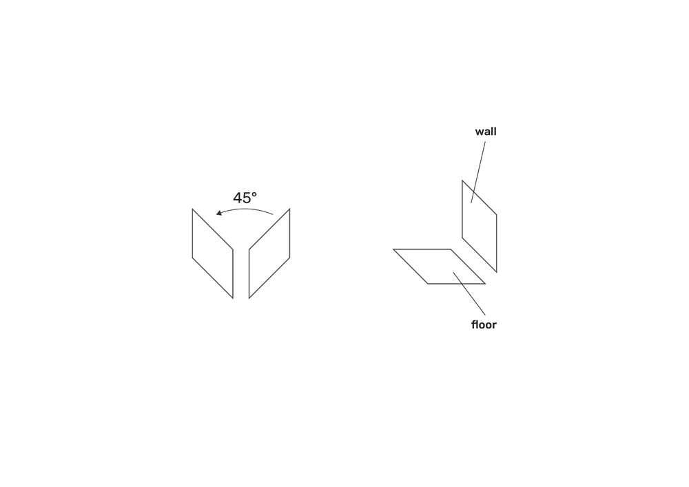 Design phase 2. Once the two parallelepipeds are built, they are rotated by 45° to the left in order to recall the basic concept of the company. The horizontal paralleleliped represents the floor, the vertical ones represents the wall.