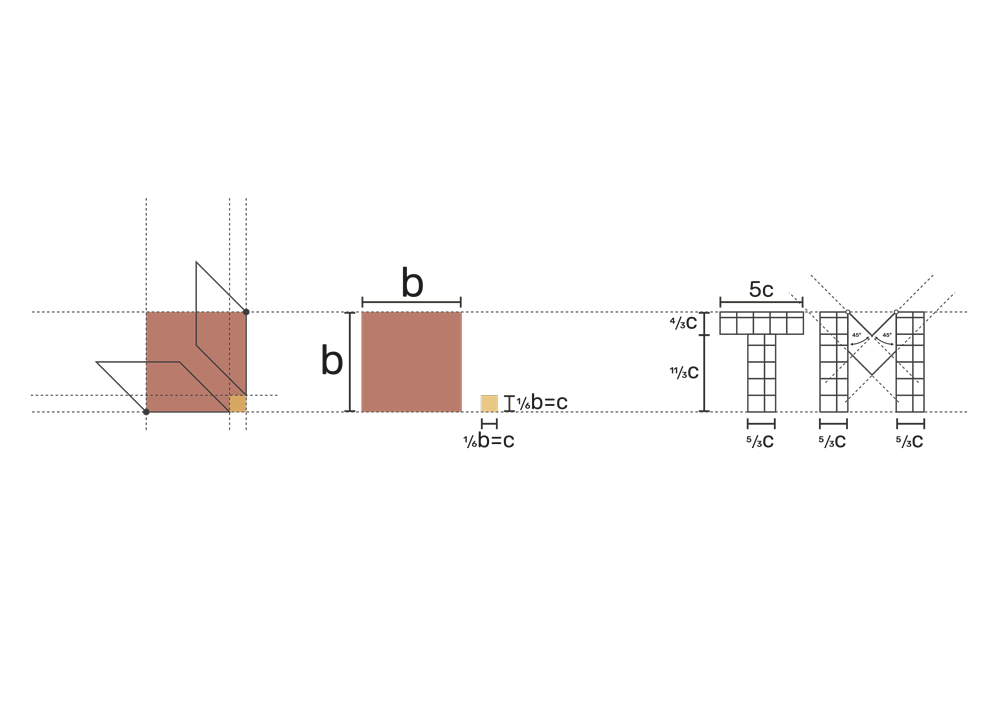 Design phase 3. Always starting from the square, we begin to create the first two letters of the logo: TM.