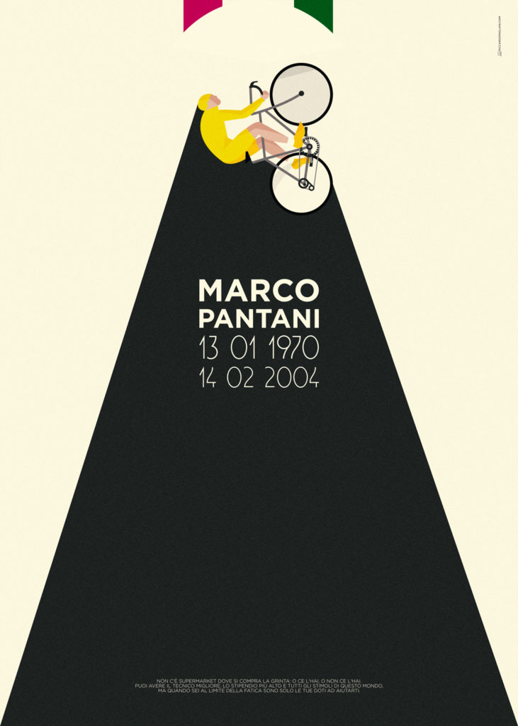 Marco Pantani wearing a yellow t-shirt, projected vertically and followed by a long dark shadow on which we can find the dates of birth and death, a sign of mourning for this big void left by this biker in the Italian cycling.