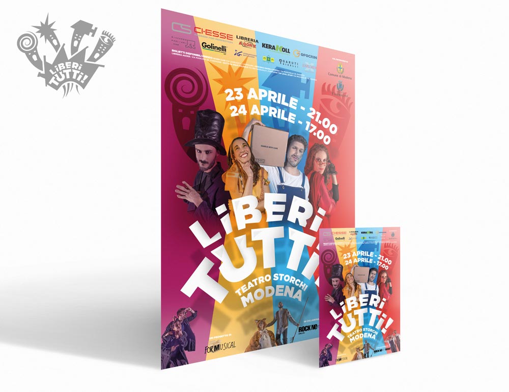 The official poster, where the four main characters appear behind the “Liberi Tutti” writing, recalling the colors that define them: purple, yellow, blue and red. The poster is in A1 and A3 format, in double sided flier A5 format.