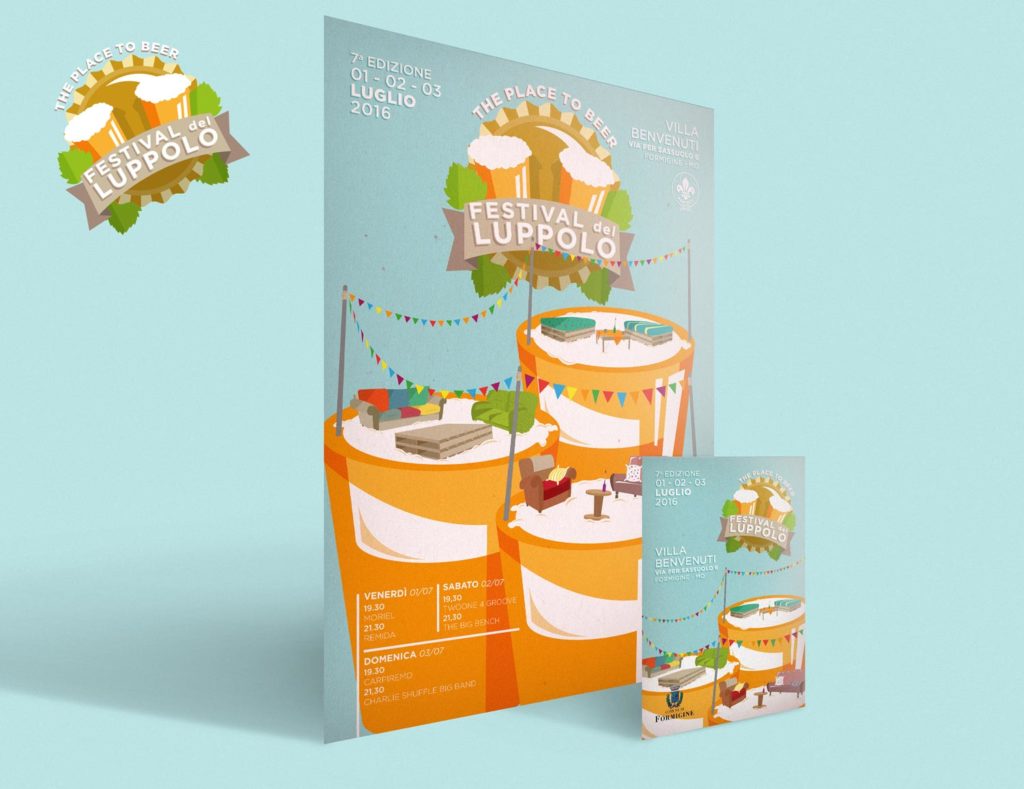 3D flier and poster of the Hop Festival 2016,  A3 and A5 format. Both of them with a vintage teal background, beer mugs with sofas and armachairs, the logo in plain sight in the upper part of the poster.