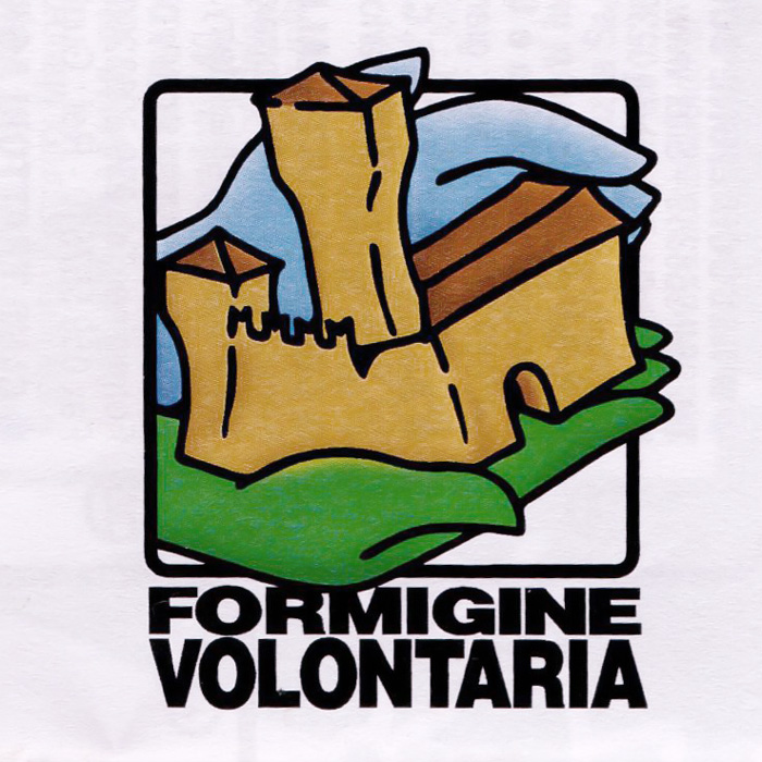 The Volunteering in Formigine's logo, two hands, one green and one blue (the colors of the city) are carefully holding the castle, symbol of Formigine.