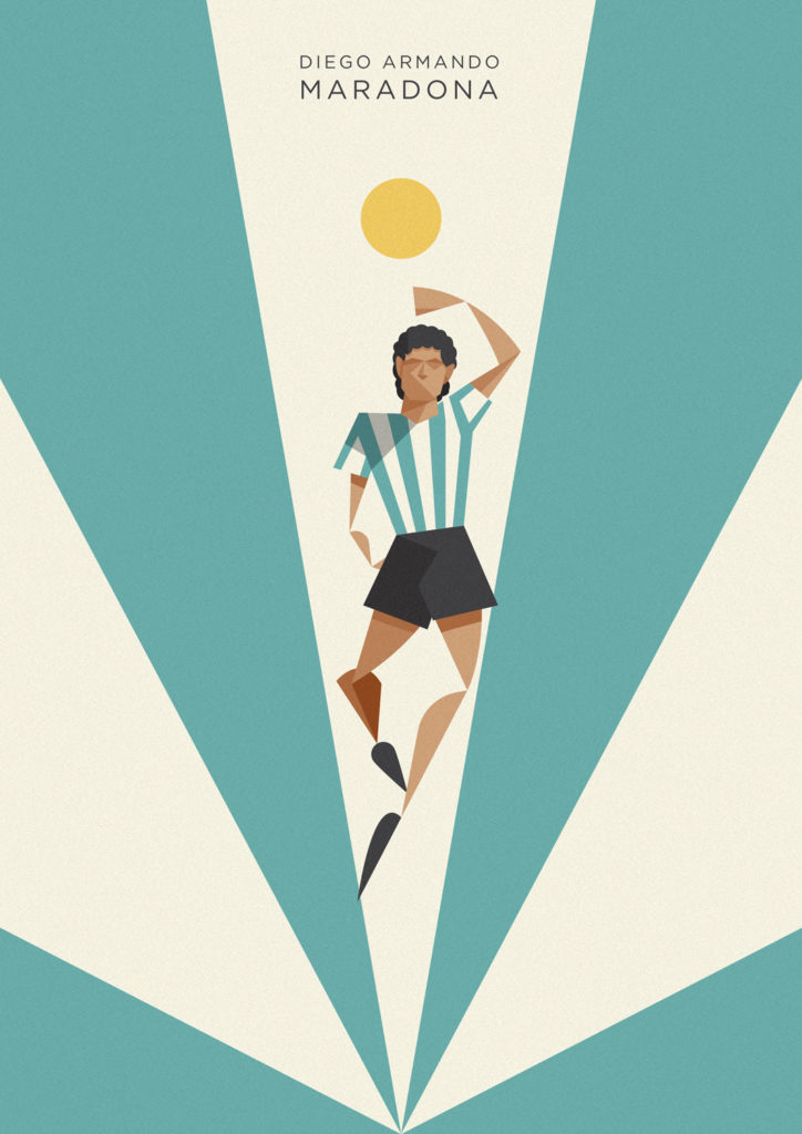 Diego Armando Maradona vola in cielo, sorvolato da una sfera di luce mentre la colpisce di mano con la sua casacca albiceleste, in memoria del gol che consacrò l'Argentina campione del Mondo.