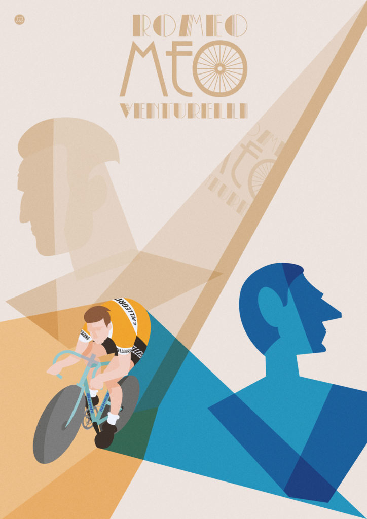 Romeo Venturelli is speeding on his blue Bianchi bike, wearing the classic San Pellegrino black and orange bike jersey. In the background we can see two bikers of whom he was contemporary, two bikers of whom he would have become the heir: Fausto Coppi, with his unique profile and Gino Bartali, with his austere look.