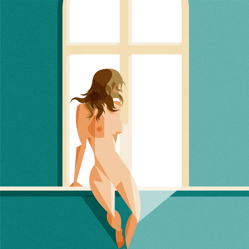 Nude of a woman at the window. A woman is leaning on the gap between the window and the wall,  completely naked and lightly touched by beams of light.  