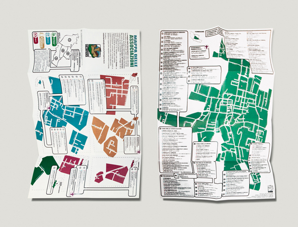 L’esploso della mappa, sul un lato è presentata la mappa di Formigine comune, mentre sull’altro sono presenti le frazioni comunali. Ad ogni frazione è associato un colore specifico e la lista delle associazioni attive sul territorio, stessa cosa per Formigine comune.