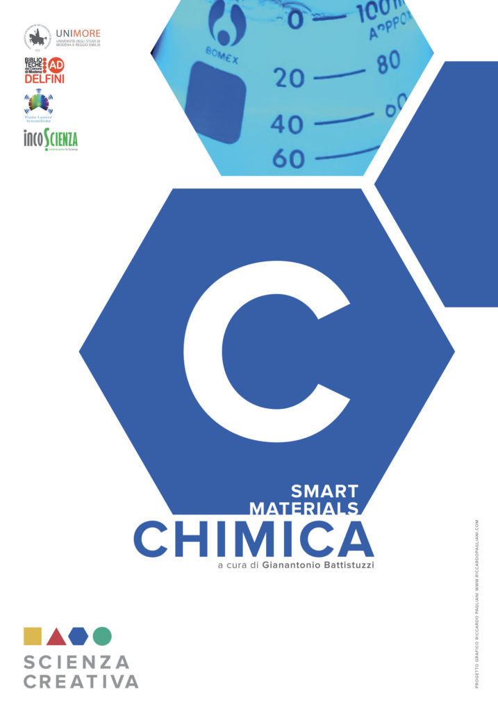 Chemistry introductory panel, several light blue hexagons  placed side by side and “tied” with each other in order to introduce the topic of that booth: smart materials.