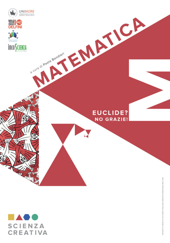 Pannello introduttivo di matematica, triangoli rossi creano una spirale che ricorda il mondo dei frattali. L'argomento della giornata sono state le geometrie non euclidee.