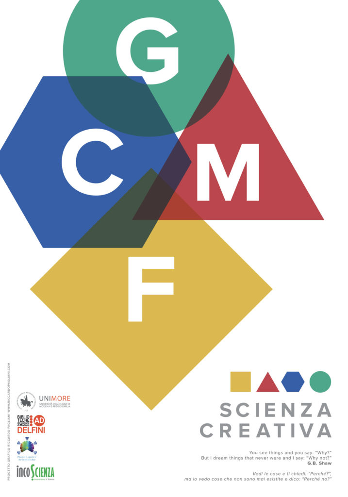 Introductory panel of Creative Science. The four shapes representing the four disciplines overlap and create some colored effects. This is a way to visually represent how the different disciplines of human knowledge do not work on their own, on the contrary they intersect with each other in order to find together the solutions to scientific mysteries.