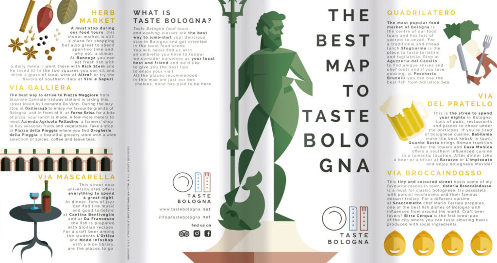 Bologna, map intro. The introduction to the map. A series of information about food streets and a rapid description of Taste Bologna on the back of the flyer. All surrounded by Bologna's illustrations