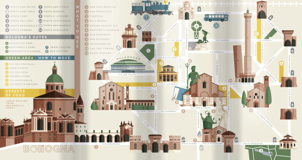 Bologna, the complete map's flyer. The illustrated map of Bologna with all monuments and attractions of this amazing Italian town. Very synthetic and easy to read, based on five colours, with simplified streets and quick information.