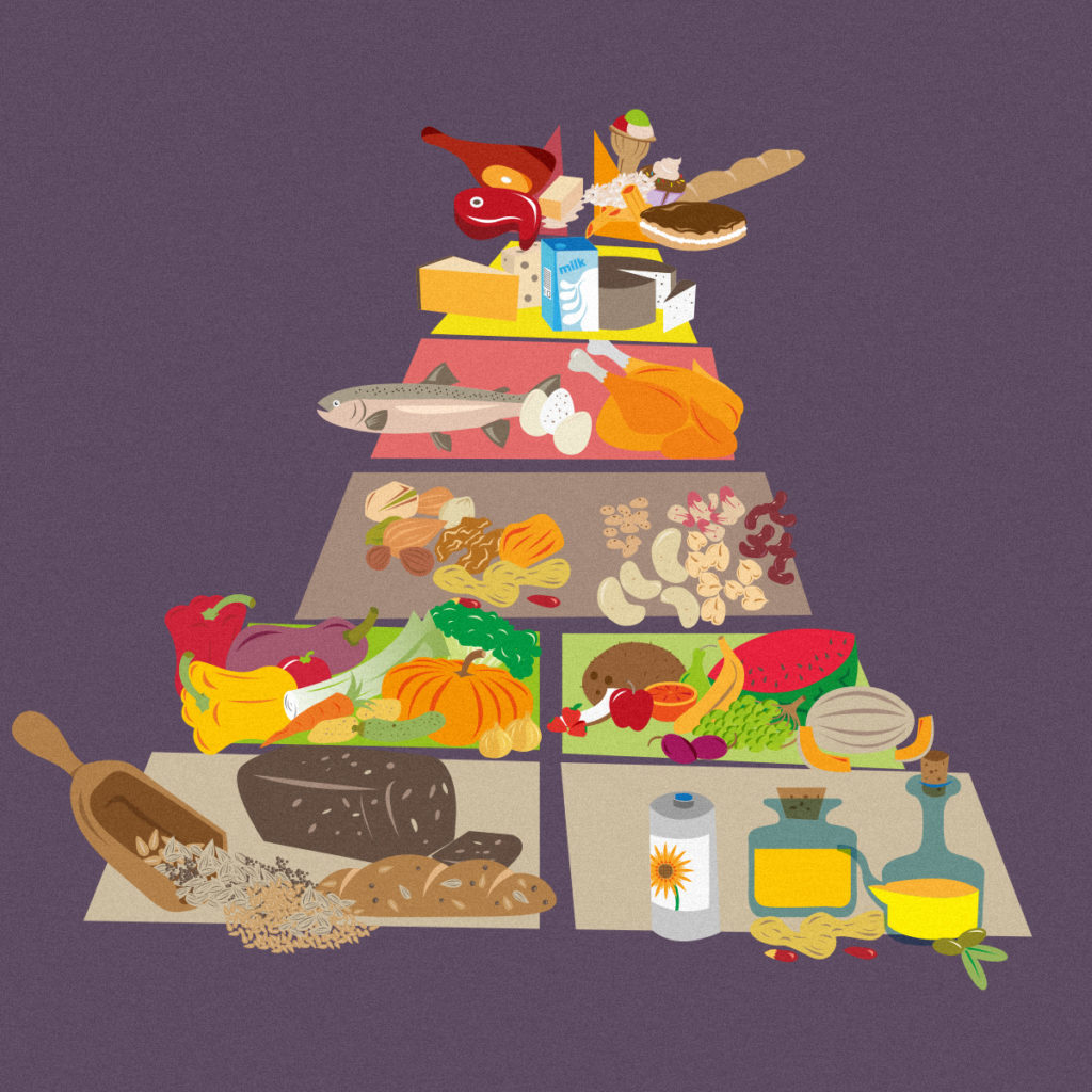 The food pyramid divided in all its part: carbs and vegetable fat in the lowest step, fruit and vegetable right above it followed by legumes and seeds, and then it continues with white meat, fish and eggs. In the second to last step we find sweets and red meat.