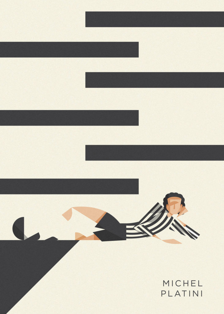 Michel Platini laying on the ground and challenging the referee after a spectacular goal that was disallowed. Everything is in black and white.