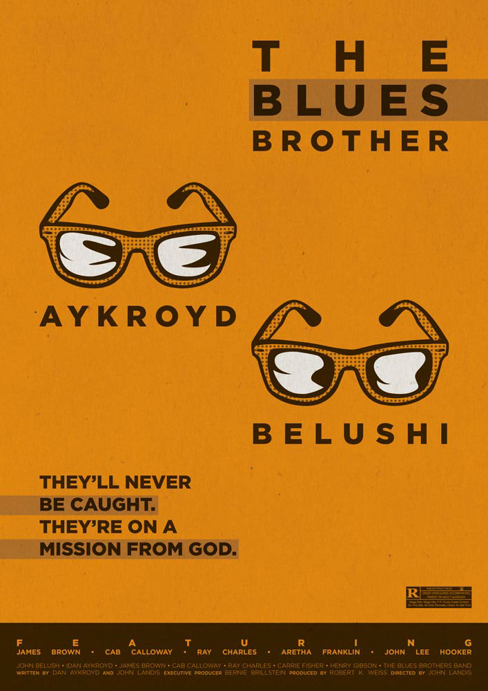 The Blues Brothers, an orange poster on which two black figures stand out: the sunglasses of Dan Aykroyd and John Belushi. On the bottom the cast and the production are written in orange on a dark background.