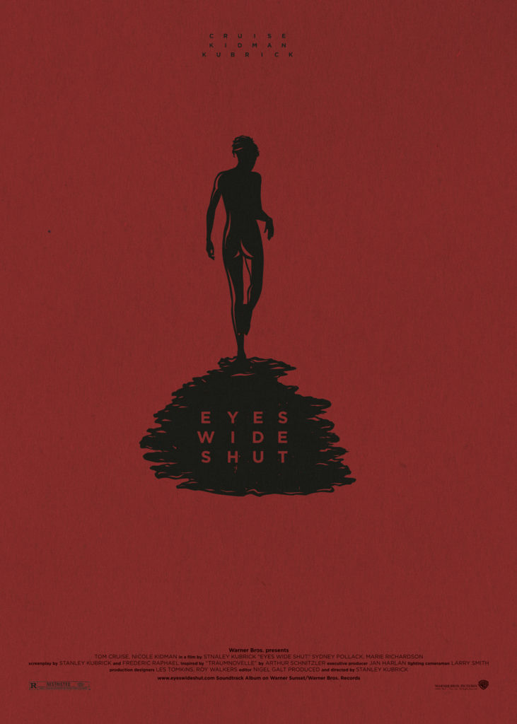 Eyes Wide Shut, the latest masterpiece of Kubrick. Purplish red background, at the top there are three small words in capital letters “Cruise, Kidman, Kubrick”. In the centre a black silhouette of a naked Nicole Kidman from the back casting a shadow on which the writing “Eyes Wide Shut” appears. In the bottom part of the poster, always in black, are the names of production and the logos of the producers.