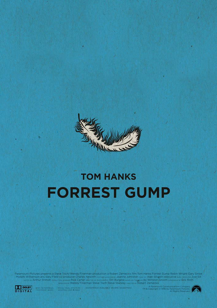 Forrest Gump, my favorite movie ever. Blue background, a simple feather in the centre, the symbol of this cinema masterpiece. Below that there is the writing “Tom Hanks Forrest Gump” in capital letters. In the bottom part of the poster we can find the names of the production crew and the logos of the producers.