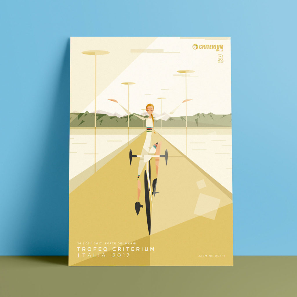 Forte dei marmi, the poster. Jasmine Dotti wearing the typical uniform of the World champion. She's cycling with open arms along the seaside of Forte dei Marmi. The Apuan Alps are rising in the background behind the green hills.